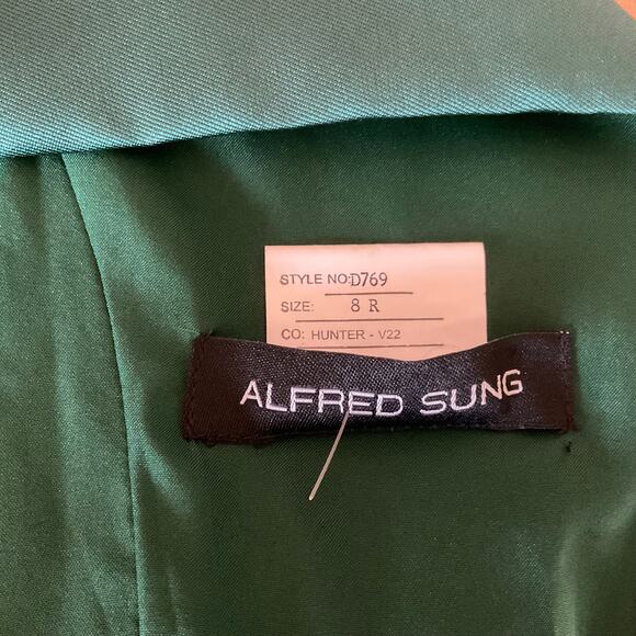 Alfred Sung Green Satin Cocktail Dress Size 8 Sleeveless Pleated Fit and Flare - Picture 11 of 13